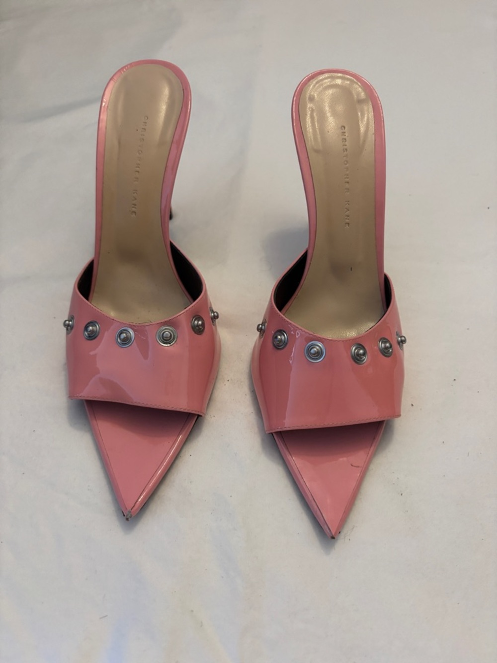 Christopher Kane Pink Patent Pointed Mules with Silver Eyelets 9